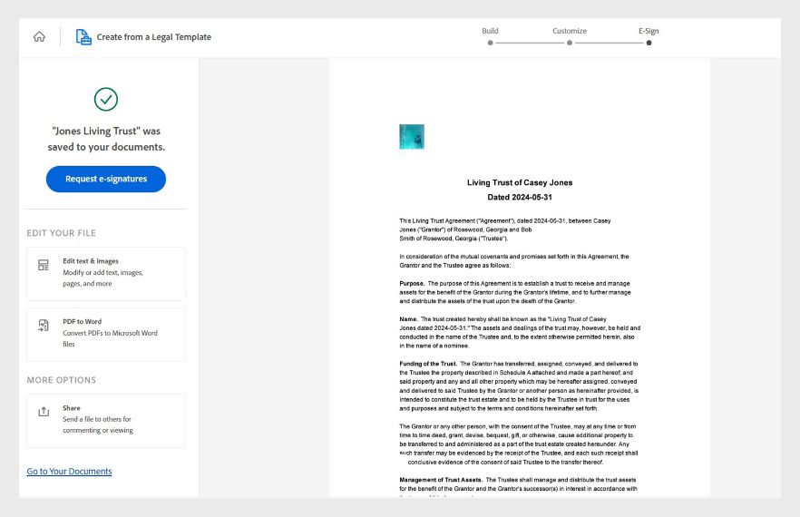 Lumalabas sa screen ang na-generate na legal PDF document. Maaari mong i-edit ang PDF, idagdag ang company logo mo, at ipadala ito para sa signature.