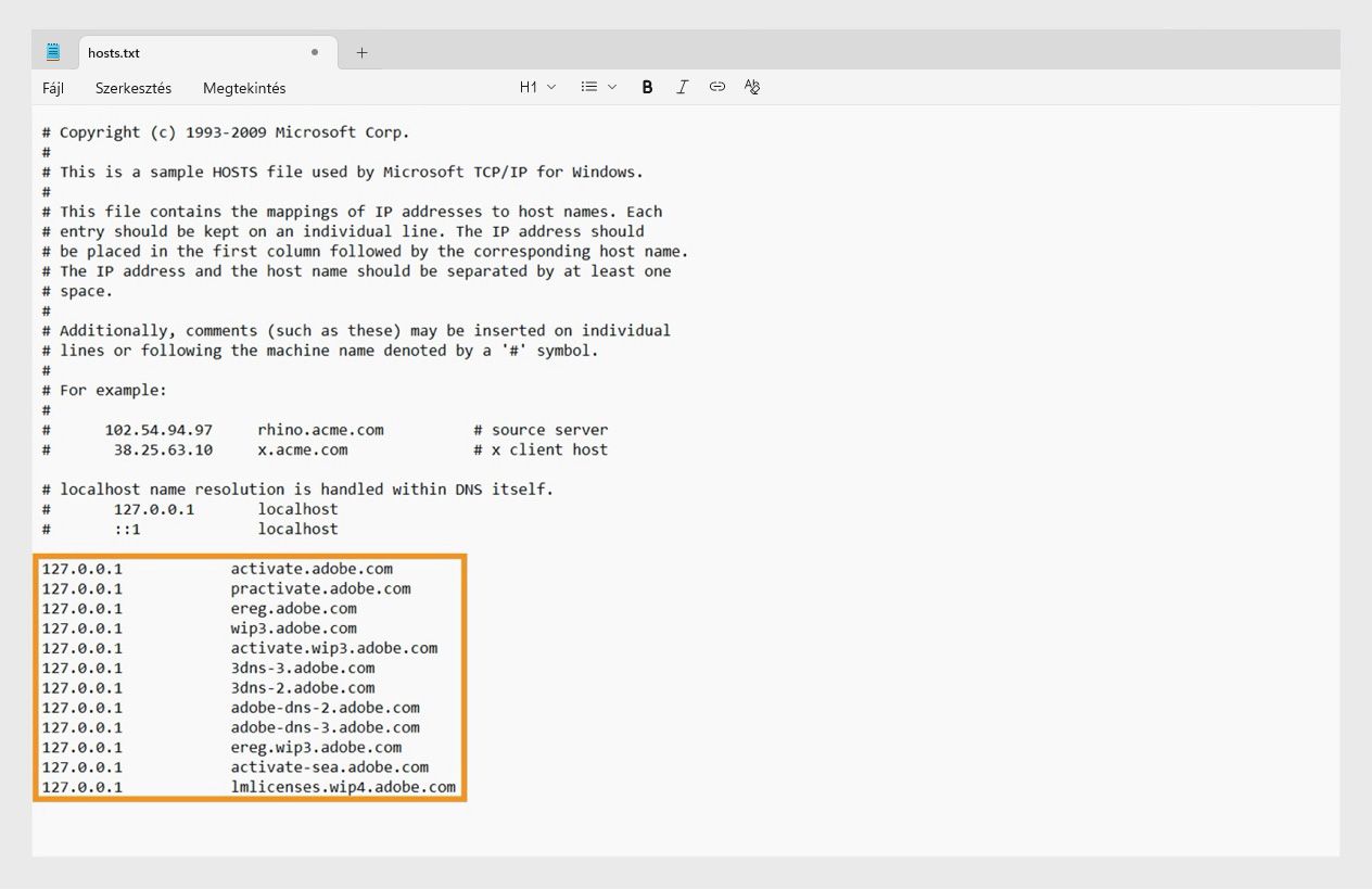 A gazdafájl tartalmazza a localhost információkat, és hiba esetén az Adobe-hoz kapcsolódó bejegyzéseket. 