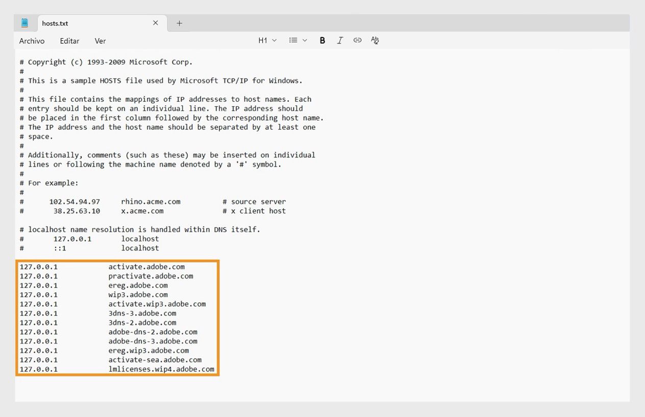 El archivo hosts incluye información de localhost y, en caso de errores, entradas relacionadas con Adobe. 