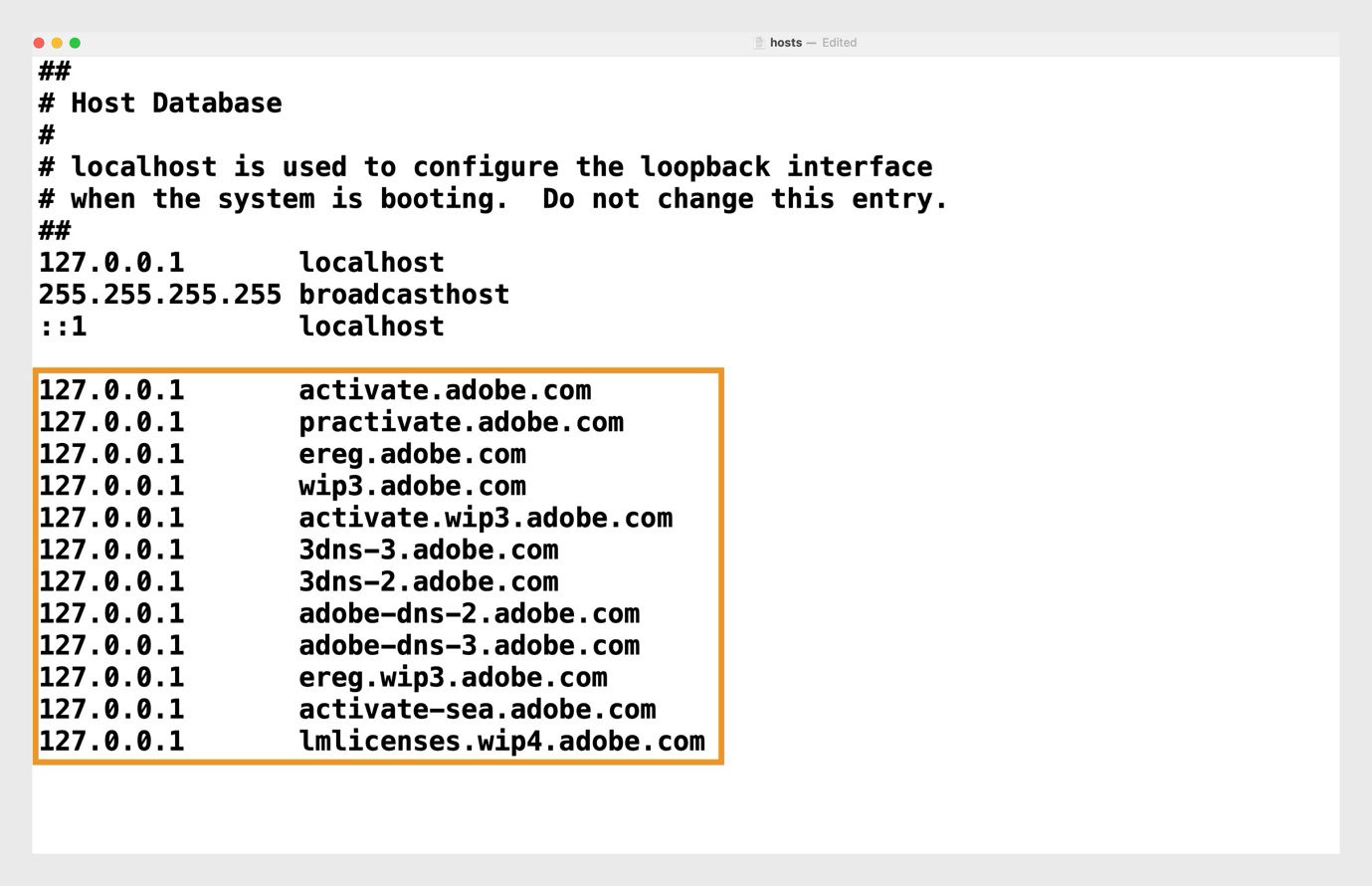 Il file hosts include informazioni sul localhost e, in caso di errori, voci relative ad Adobe. 