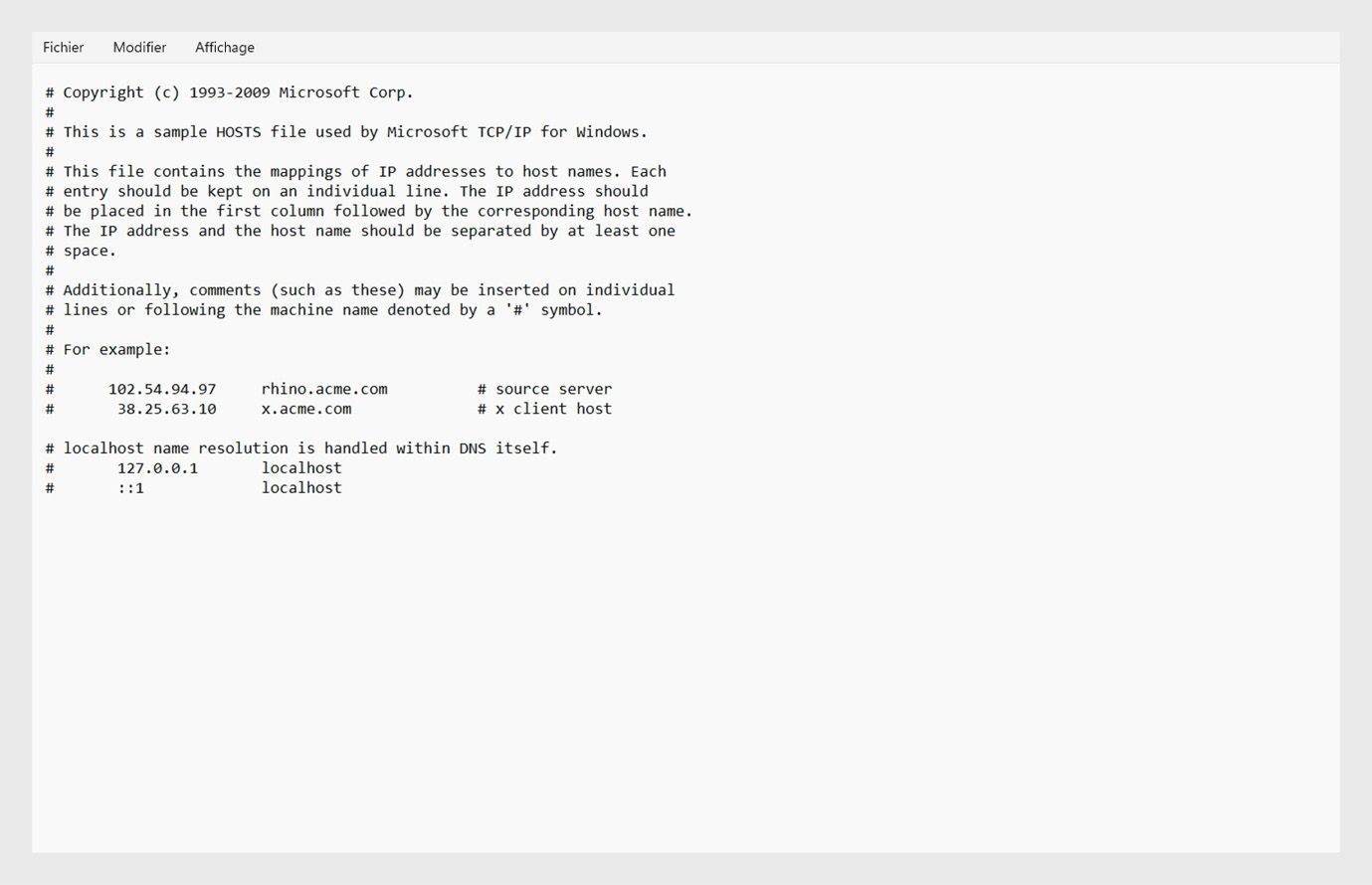 Le fichier hosts affiche uniquement les informations relatives à localhost après la suppression de toutes les entrées liées à Adobe.
