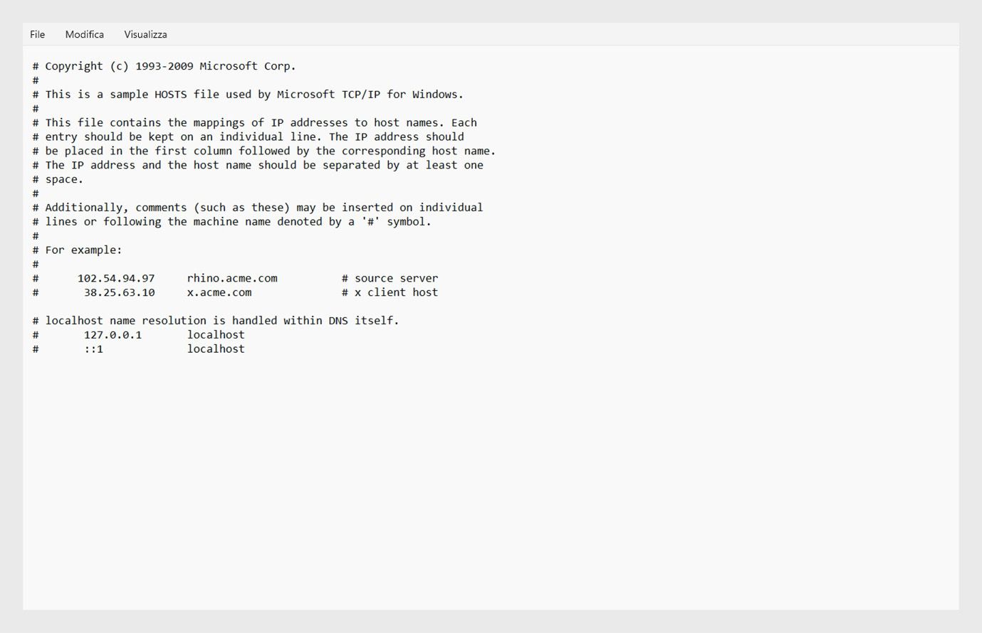 Il file hosts mostra solo le informazioni sul localhost dopo aver rimosso tutte le voci relative ad Adobe.