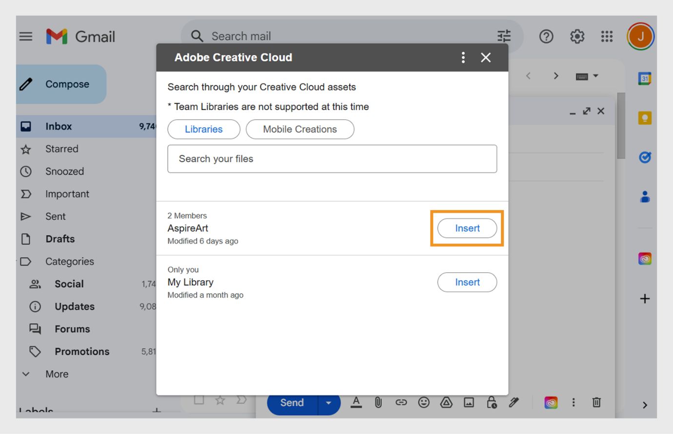 The image shows a dialog box with the list of your Creative Cloud assets. Search for the file using the search text box or select the asset you want to share. Select Insert button highlighted in blue color in front of the asset. 