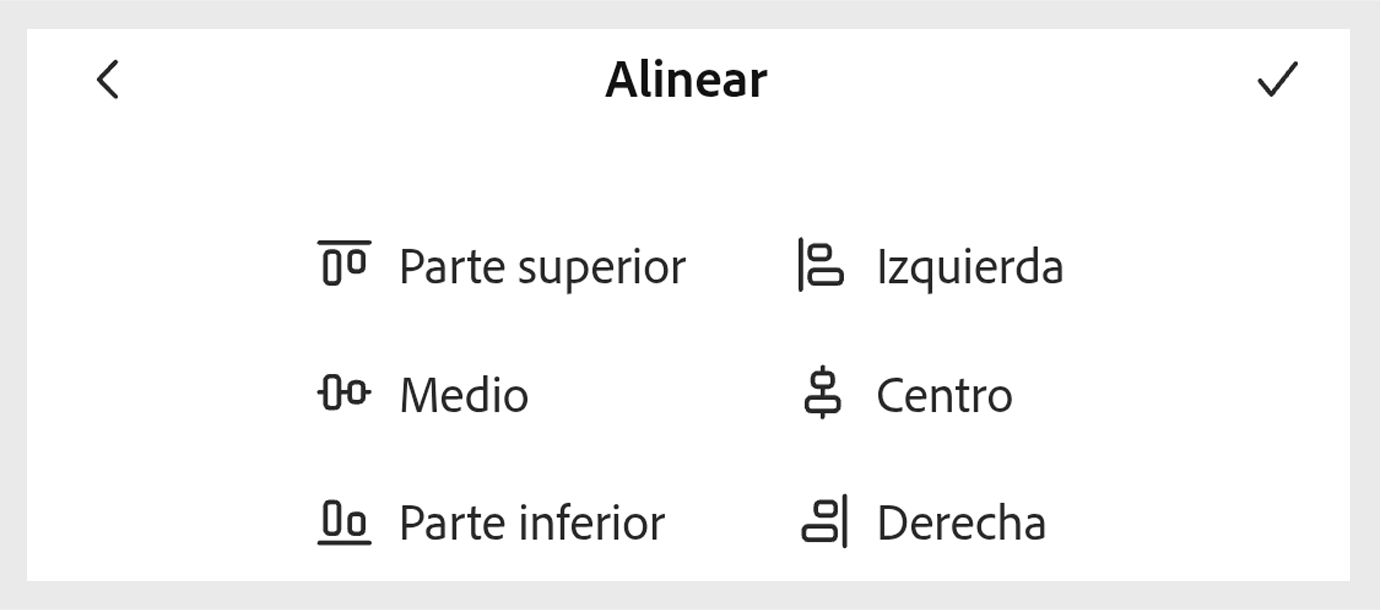 La imagen muestra el panel Alinear en la parte inferior de la pantalla de móvil con las opciones Más, Izquierda, Medio, Centro, Abajo y Derecha organizadas en 3 filas 2 columnas, con las opciones Más-Derecha resaltadas.
