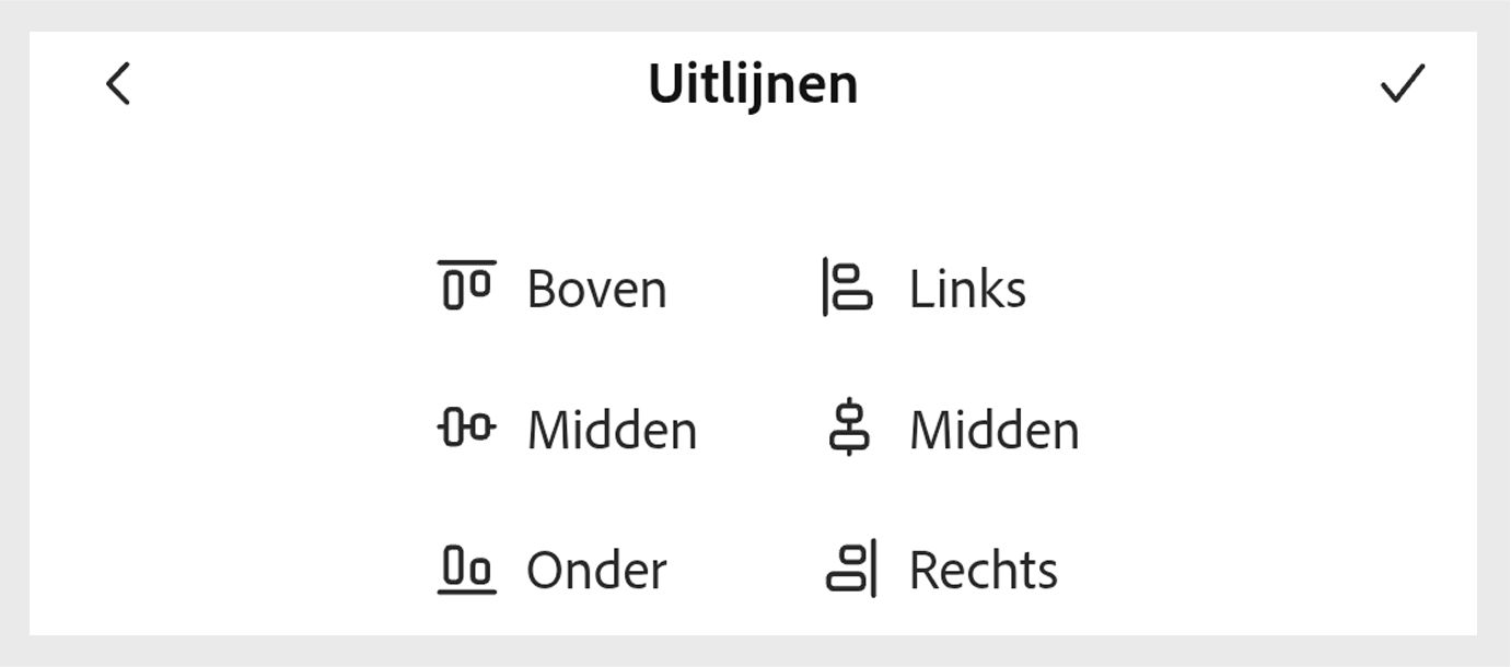 De afbeelding toont het deelvenster Uitlijnen onderaan het scherm voor mobiele apparaten met de opties Boven, Links, Midden, Midden, Onder en Rechts op de juiste manier gerangschikt (3 rijen 2 kolommen) met de opties Boven-Rechts gemarkeerd.