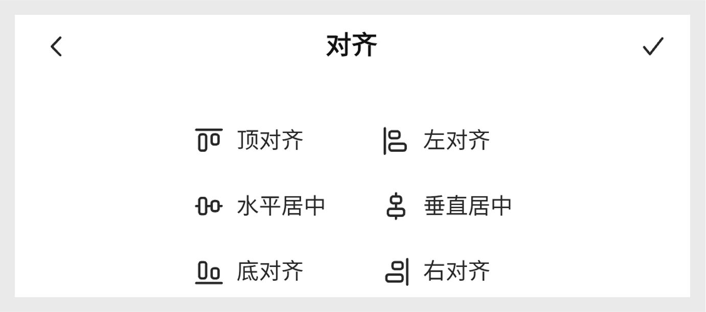 该图显示了移动设备屏幕底部的对齐面板，其中顶部、左侧、中间、中心、底部和右侧选项以（3 行 2 列）方式排列，并突出显示了右上角选项。