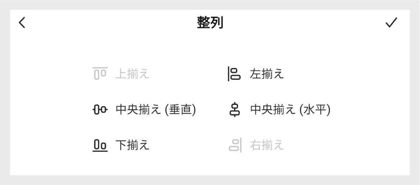 画像では、モバイル画面の下部にある整列パネルが展開され、「上」、「左」、「中央（水平）」、「中央（垂直）」、「下」、および「右」の各オプションが 3 行 2 列の形で配置され、右上のオプションがハイライトされています。