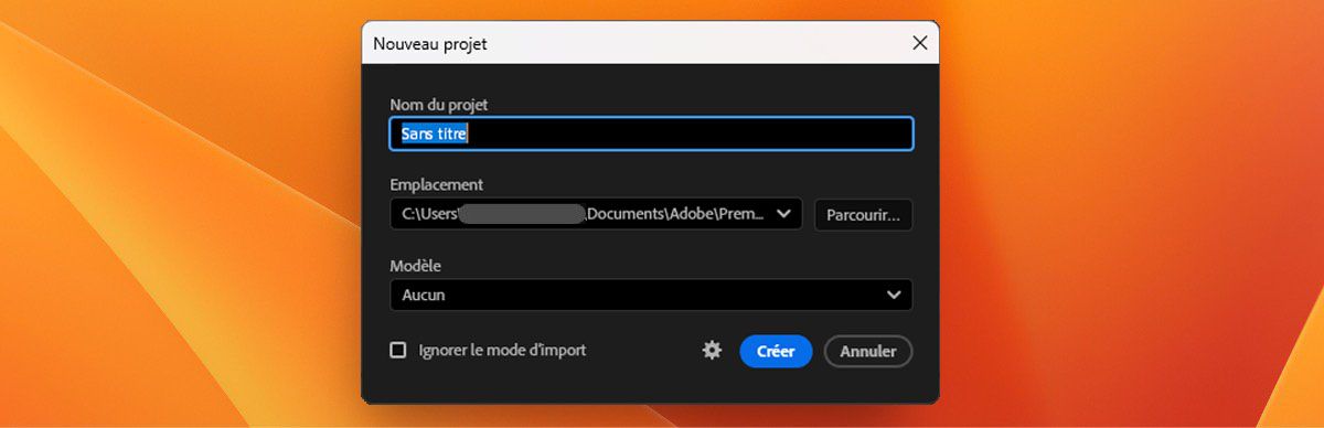 L’image montre la boîte de dialogue de création d’un nouveau projet avec les options visibles « Nom du projet », « Emplacement » et « Modèle ».