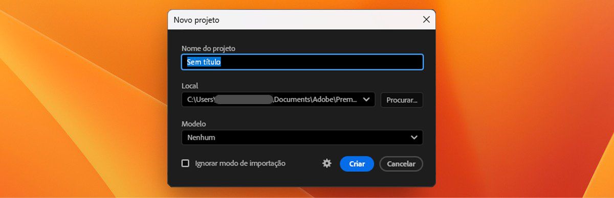 A imagem mostra a caixa de diálogo de criação de novo projeto com as opções “Nome do projeto”, “Local” e “Modelo” visíveis.