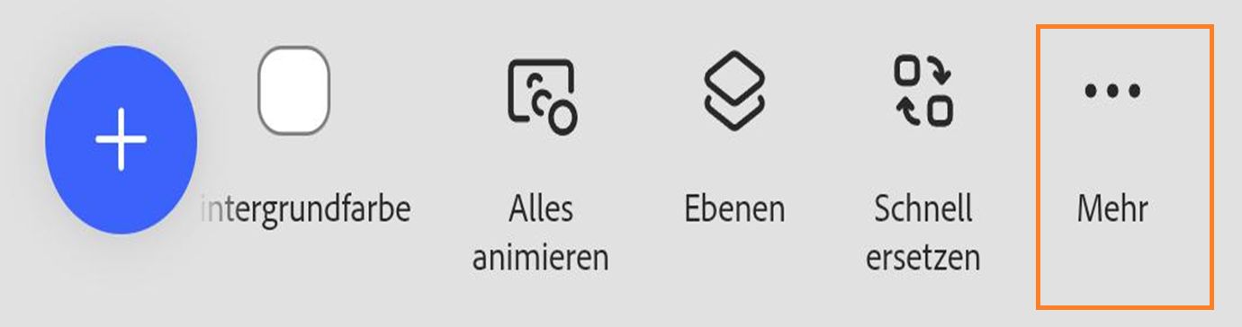Das Bild zeigt die Optionen im Bedienfeld „Eigenschaften“ wie „Design“, „Hintergrundfarbe“, „Alle animieren“, „Ebenen“, „Schnelles Ersetzen“ und die hervorgehobene Option „Mehr“. 