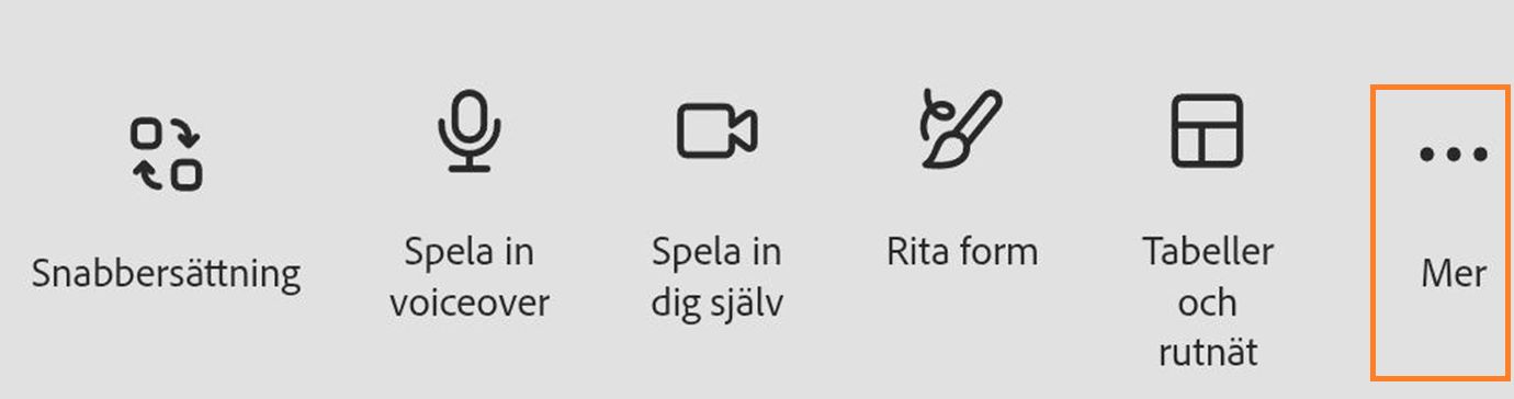 Bilden visar alternativ i egenskapspanelen som Tema, Bakgrundsfärg, Animera alla, Lager, Snabbersättning och det markerade Mer-alternativet. 