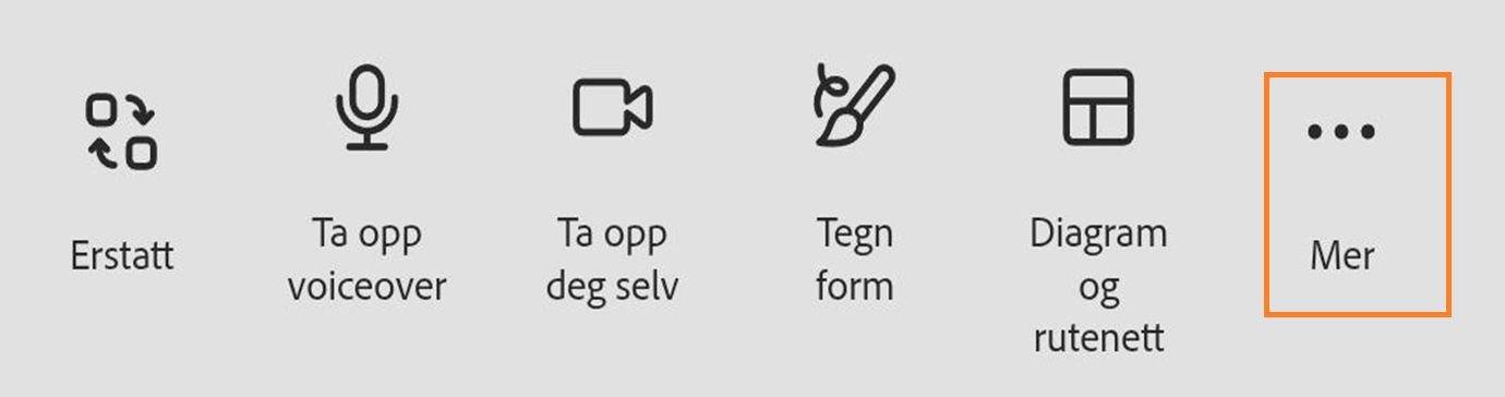 Bildet viser alternativene i Egenskaper-panelet, som Tema, Bakgrunnsfarge, Animer alle, Lag, Rask utskiftning og det uthevede Mer-alternativet. 