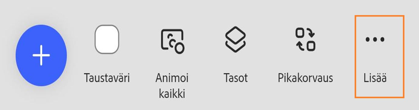 Kuvassa näkyy ominaisuuspaneelin vaihtoehtoja, kuten Teema, Taustaväri, Animoi kaikki, Tasot ja Pikakorvaus. Lisää-vaihtoehto näkyy korostettuna. 