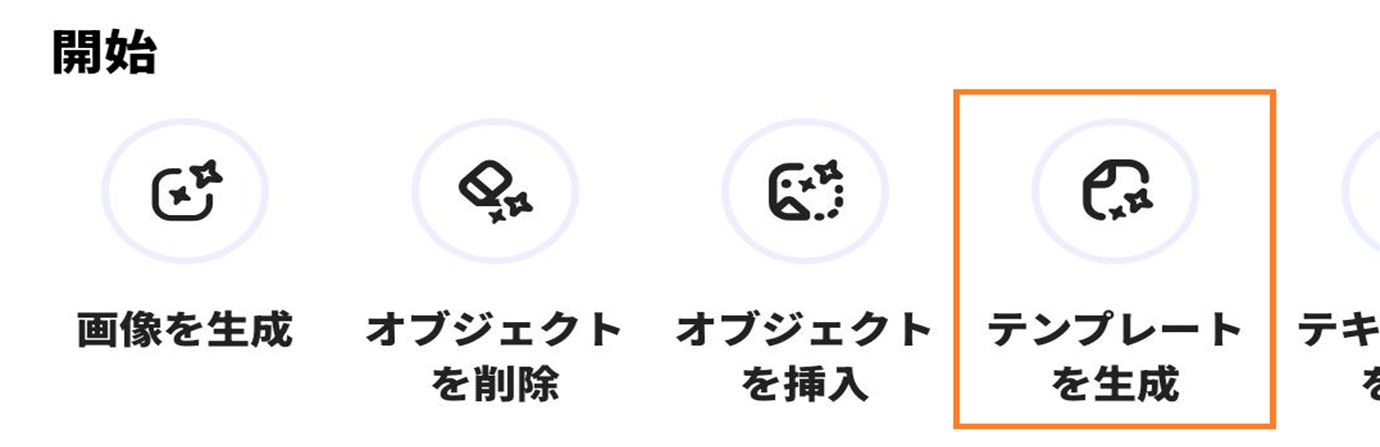 画像は、「画像を生成」、「オブジェクトを削除」、「オブジェクトを挿入」、「テンプレートを生成」など、「今すぐ始める」の下にあるオプションを示しています。