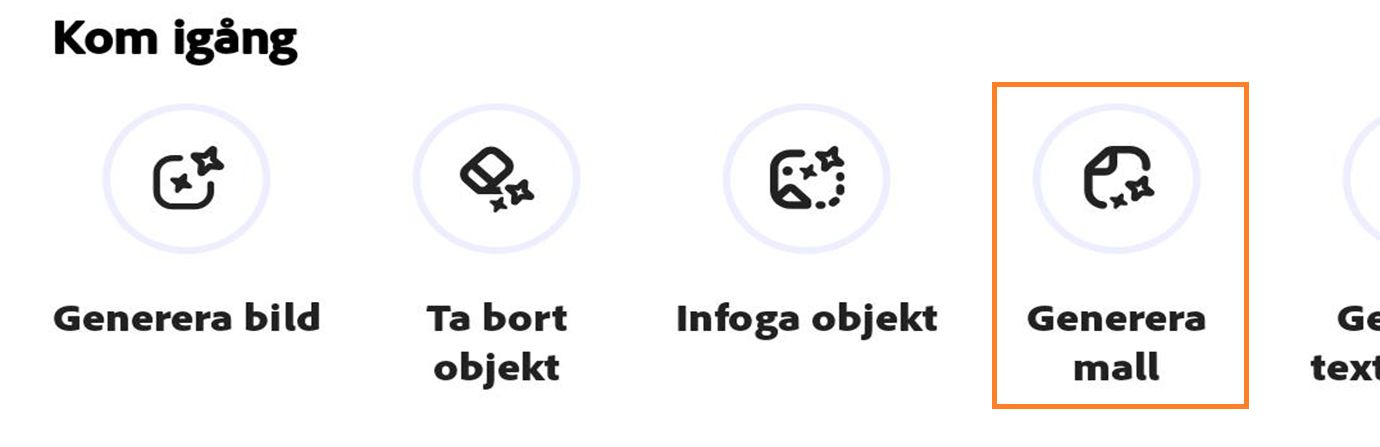 Bilden visar alternativen under Kom igång, som Generera bild, Ta bort objekt, Infoga objekt och Generera mall. 