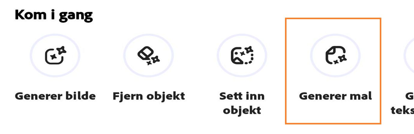 Bildet viser alternativene under Kom i gang, som Generer bilde, Fjern objekt, Sett inn objekt og Generer mal. 