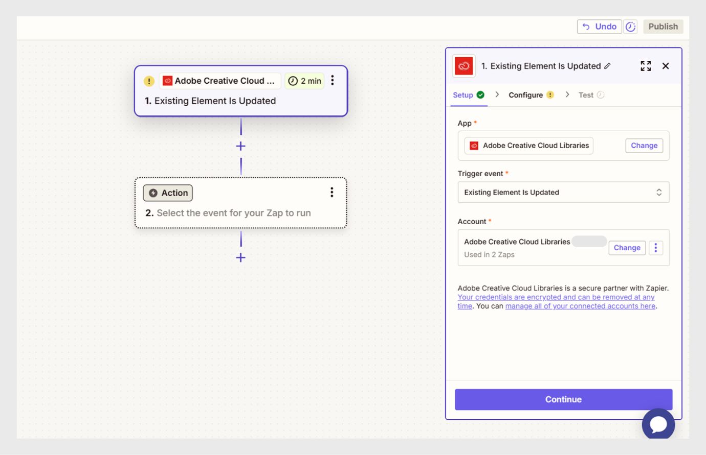 In de afbeelding wordt een interface voor de workflow weergegeven.In het midden worden de trigger- en actiegebeurtenissen weergegeven. Aan de rechterkant zijn de instellingen, configuratie en testopties voor de triggergebeurtenis zichtbaar. Deze indeling leidt gebruikers door het maken van een triggerelement.
