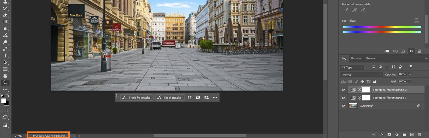 Knappen med billedstørrelsesdetaljer er fremhævet nederst til venstre på Photoshop-lærredet.