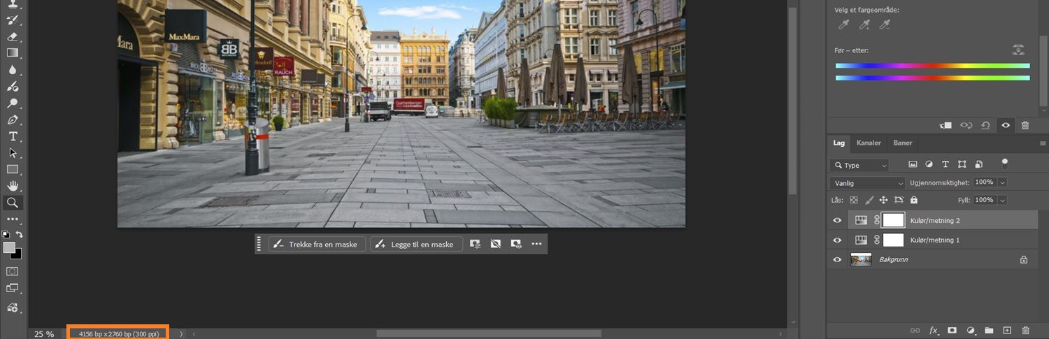 Knappen for bildedetaljer er uthevet nederst til venstre i Photoshop-lerretet.