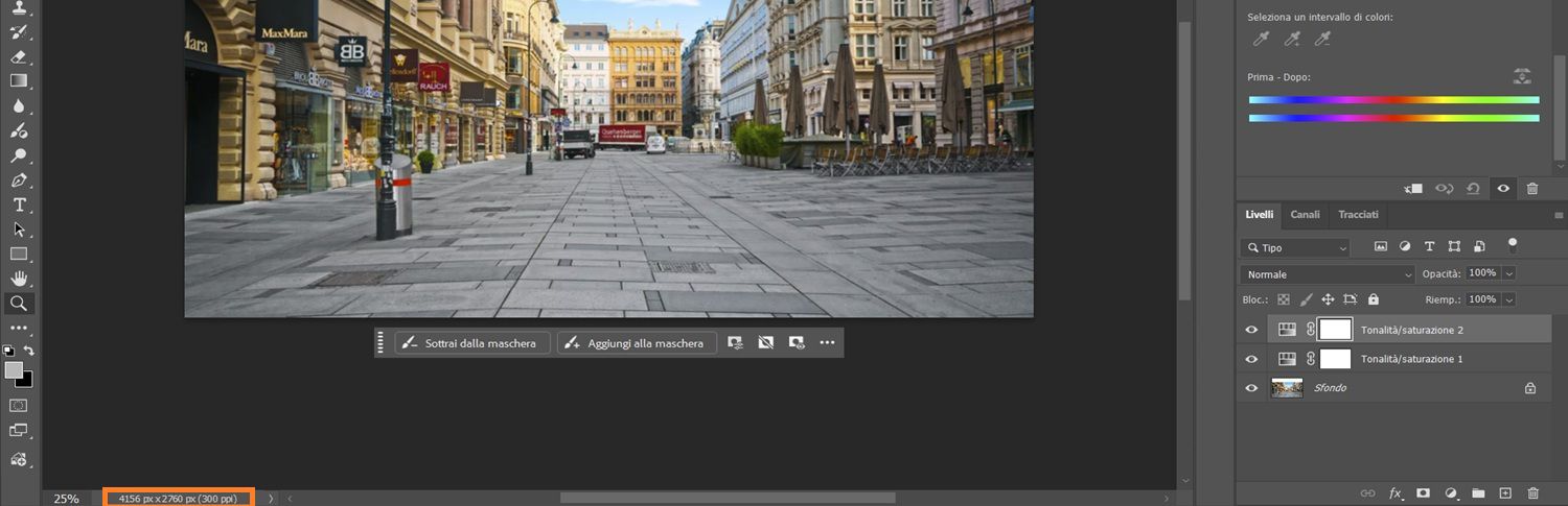 Il pulsante dei dettagli sulle dimensioni dell'immagine è evidenziato in basso a sinistra nell'area di lavoro di photoshop.
