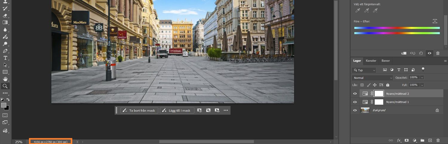 Knappen för bildstorlek är markerad längst ner till vänster på arbetsytan i photoshop.