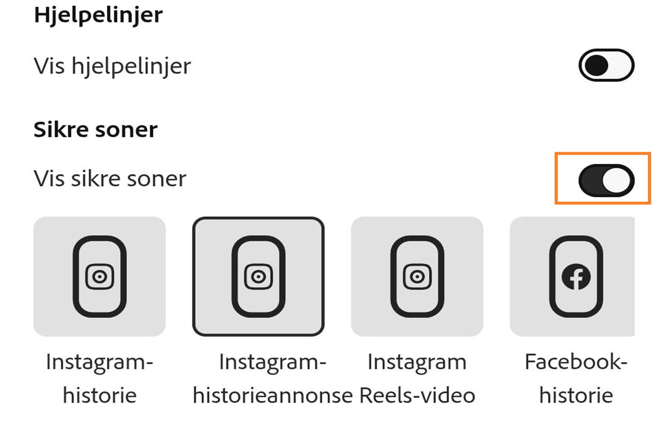 Bildet viser veksleknappen for veiledningslinjer og sikre soner sammen med de tilgjengelige alternativene for formater for sosiale medier, for eksempel Instagram-historie, Instagram-reel og Facebook-historie.