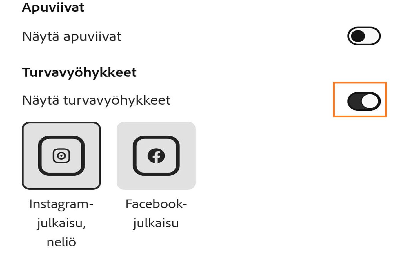 Kuvassa näkyy apulinjojen ja turvallisten vyöhykkeiden näyttämispainike sekä eri julkaisumuodot, kuten Instagram-tarina, Instagram-kela ja Facebook-tarina. 