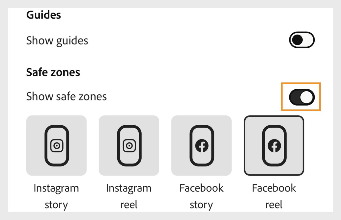 A imagem mostra o botão de alternância de Guides e Zonas seguras junto com as opções de formato de redes sociais disponíveis, como story do Instagram, reel do Instagram e story do Facebook.