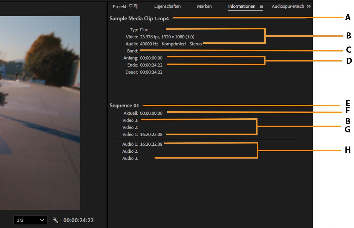 Das Bedienfeld „Info“ zeigt Video-Eigenschaften wie Dateiname, Video-Spezifikationen, Dauer und Schnittfenster-Details an.