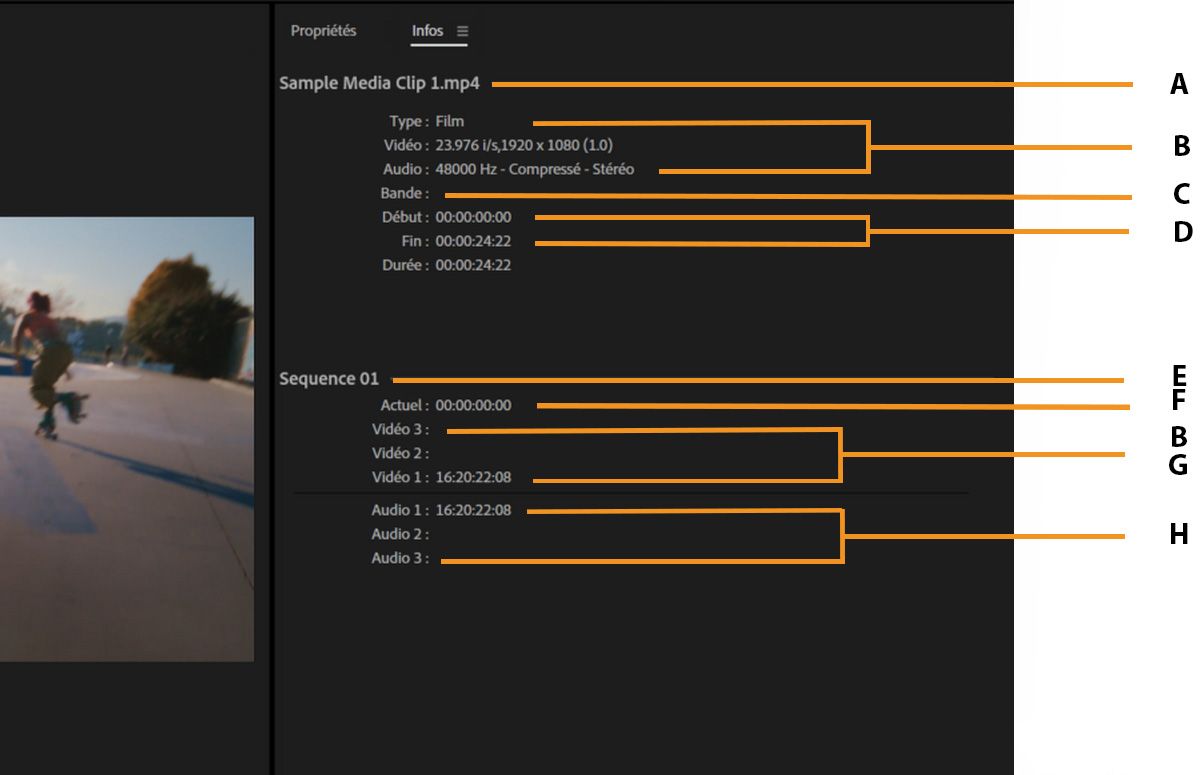 Le panneau Info affiche les propriétés de la vidéo, notamment le nom du fichier, les spécifications vidéo, la durée et les détails du montage.