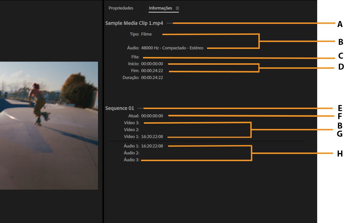 O painel Informações mostra as propriedades do vídeo, incluindo nome do arquivo, especificações do vídeo, duração e detalhes da linha do tempo.