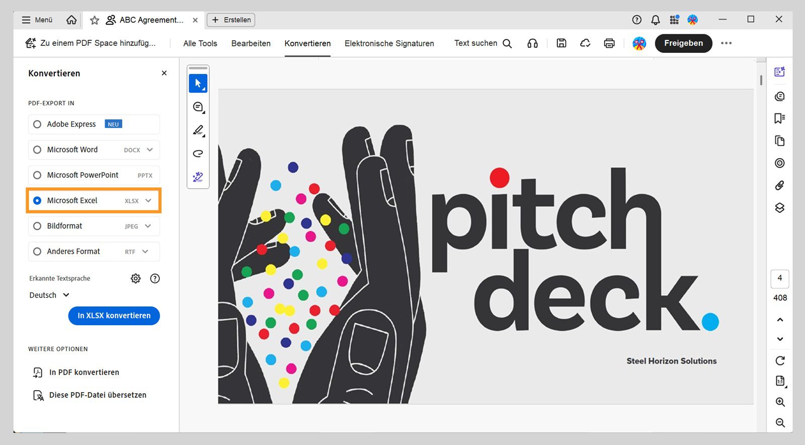 Der linke Bereich des Konvertieren-Menüs hebt Microsoft Excel XLSX hervor.Weitere Optionen umfassen Adobe Express, Microsoft Word und Microsoft PowerPoint. 