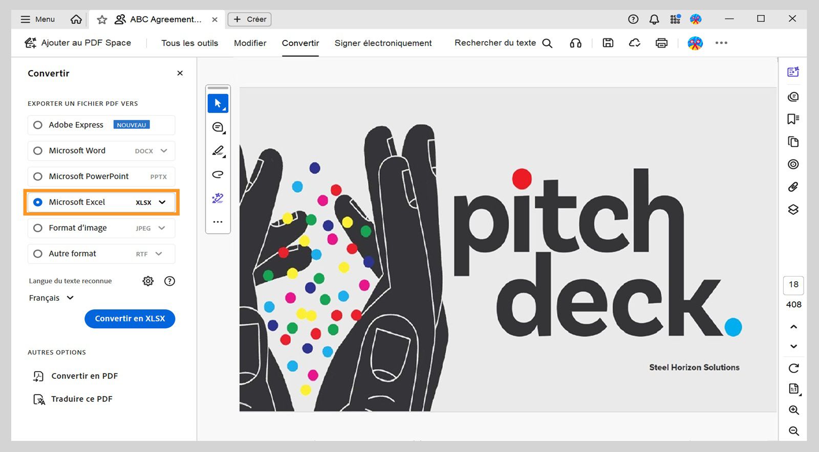 Le volet de gauche du menu conversion met en évidence Microsoft Excel XLSX.Les autres options incluent Adobe Express, Microsoft Word et Microsoft PowerPoint.