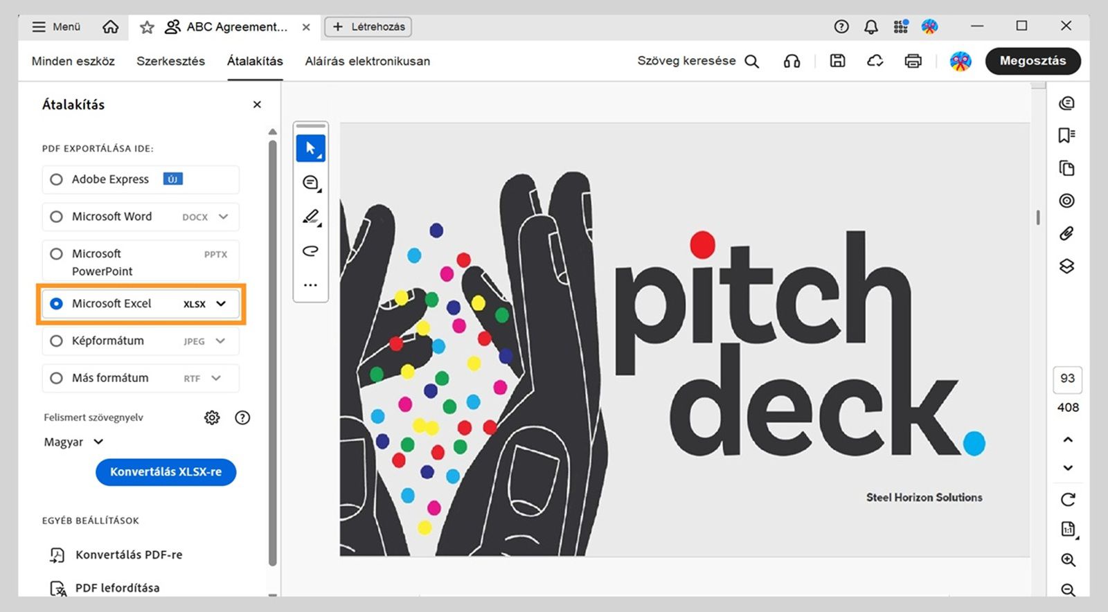 A Konvertálás menü bal oldali paneljén kiemelve látható a Microsoft Excel XLSX.Az egyéb opciók közé tartozik az Adobe Express, a Microsoft Word és a Microsoft PowerPoint.