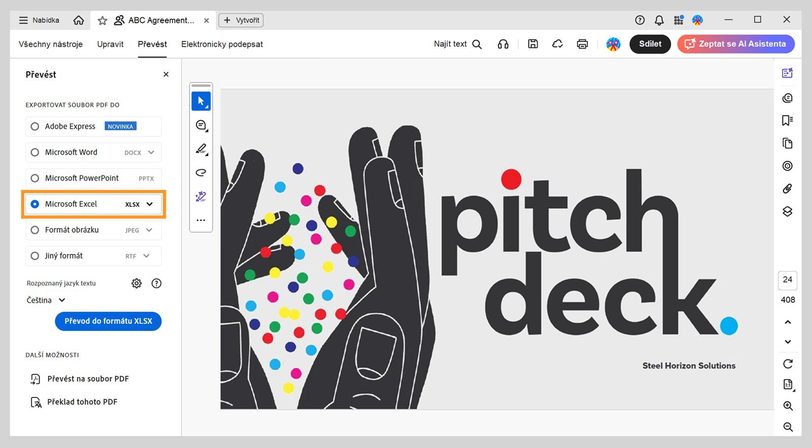 V levém podokně nabídky Převést je zvýrazněna možnost Microsoft Excel XLSX.Mezi další Možnosti patří Adobe Express, Microsoft Word a Microsoft PowerPoint.