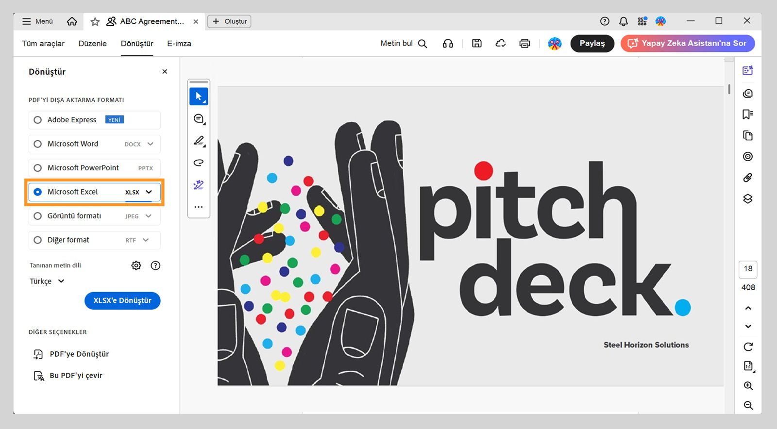Dönüştür menüsünün sol bölmesinde Microsoft Excel XLSX vurgulanır.Diğer seçenekler arasında Adobe Express, Microsoft Word ve Microsoft PowerPoint bulunur.