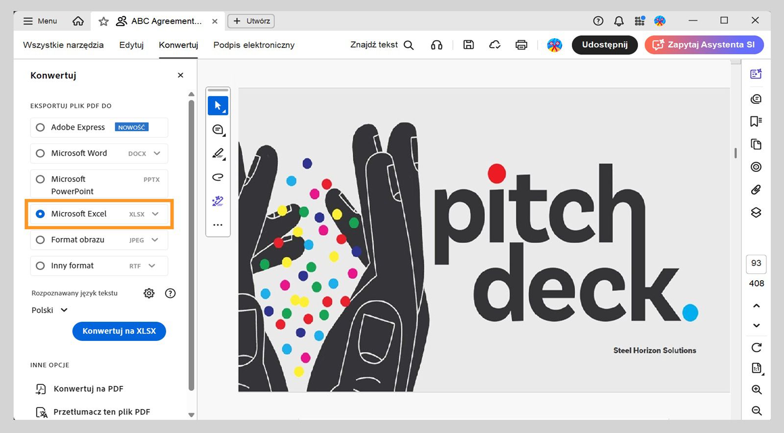 Lewy panel menu Konwertuj podświetla opcję Microsoft Excel XLSX. Inne opcje obejmują Adobe Express, Microsoft Word i Microsoft PowerPoint. 