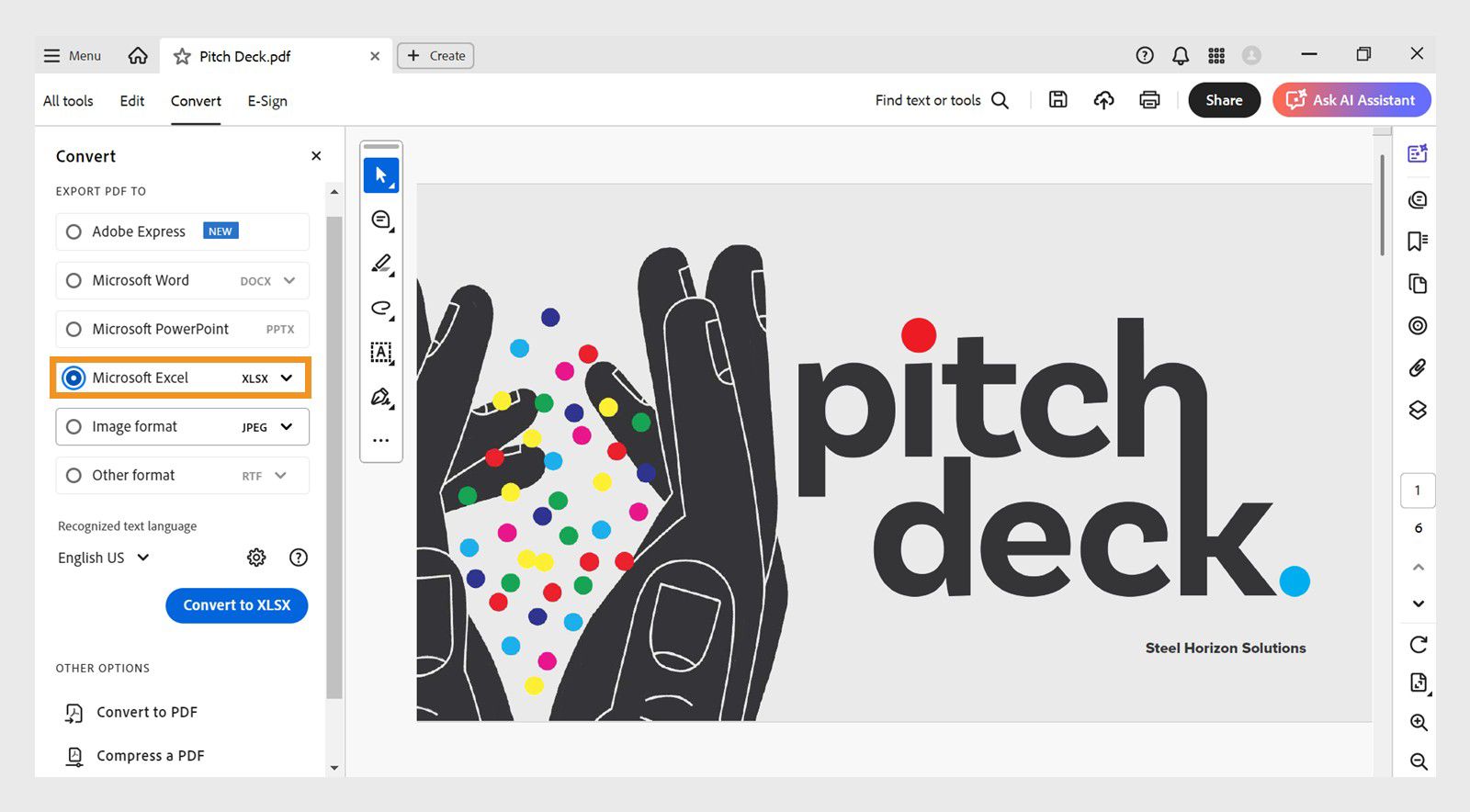Iha-highlight sa kaliwang panel ng Convert menu ang Microsoft Excel XLSX. Kabilang sa iba pang opsyon ang Adobe Express, Microsoft Word, at Microsoft PowerPoint. 