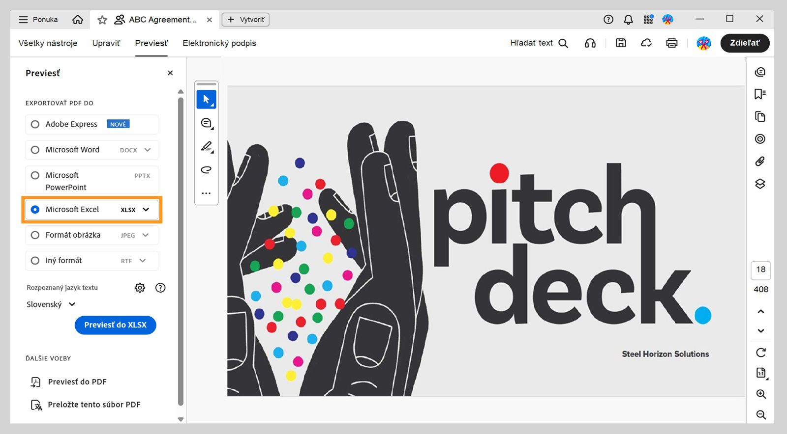 Ľavý panel ponuky Konvertovať zvýrazňuje Microsoft Excel XLSX.Ďalšie možnosti zahŕňajú Adobe Express, Microsoft Word a Microsoft PowerPoint.