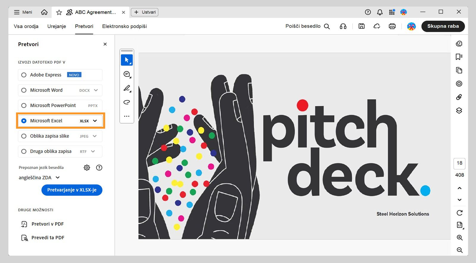 V levem podoknu menija za pretvorbo je označen Microsoft Excel XLSX. Druge možnosti vključujejo Adobe Express, Microsoft Word in Microsoft PowerPoint. 