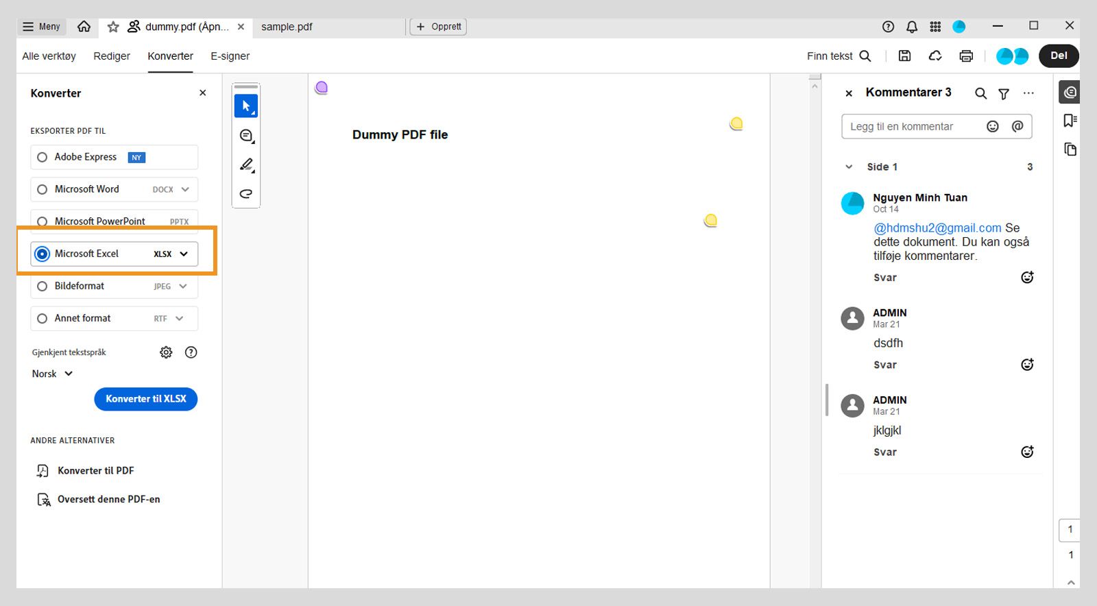 Venstre rute i «Konverter»-menyen fremhever Microsoft Excel XLSX. Andre alternativer inkluderer Adobe Express, Microsoft Word og Microsoft PowerPoint. 