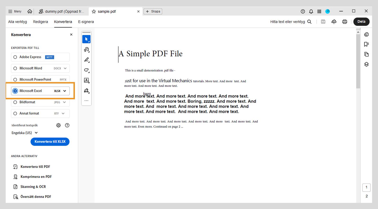 Den vänstra panelen i menyn Konvertera markerar Microsoft Excel XLSX. Andra alternativ inkluderar Adobe Express, Microsoft Word och Microsoft PowerPoint. 