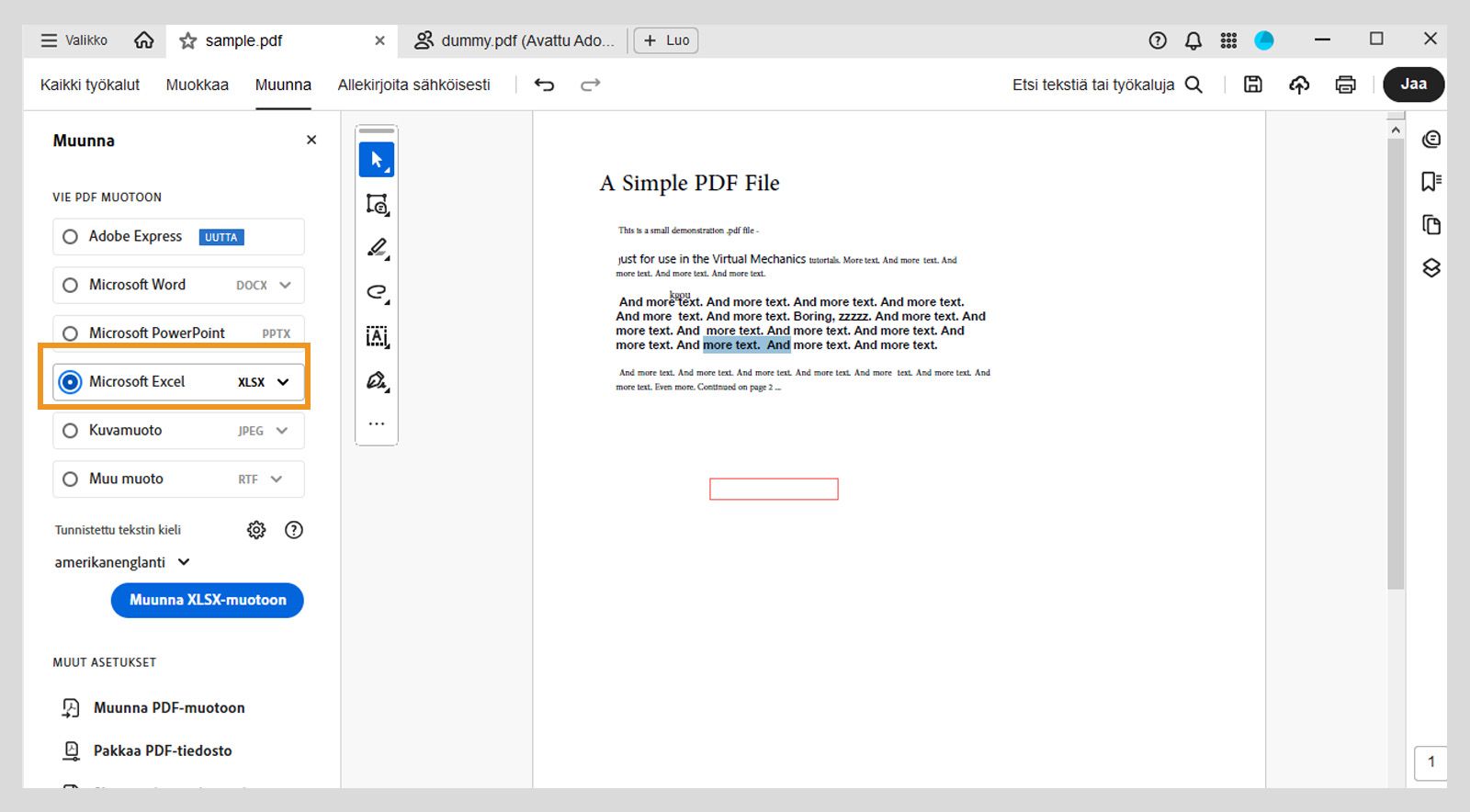 Muunna-valikon vasemmassa paneelissa on korostettuna Microsoft Excel XLSX. Muita vaihtoehtoja ovat Adobe Express, Microsoft Word ja Microsoft PowerPoint. 