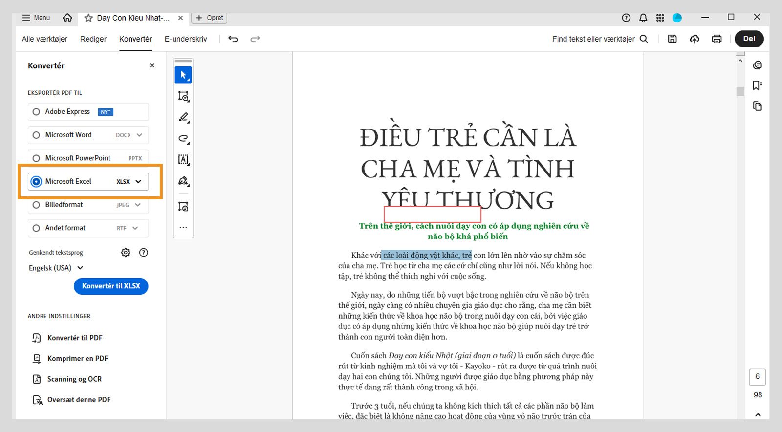 Venstre rude i konverteringsmenuen fremhæver Microsoft Excel XLSX. Andre muligheder omfatter Adobe Express, Microsoft Word og Microsoft PowerPoint. 