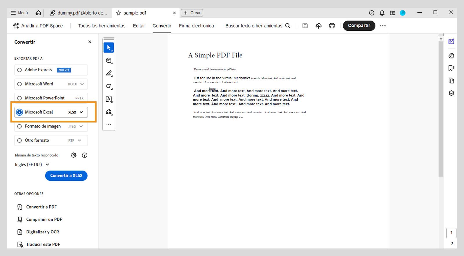 El panel izquierdo del menú Convertir resalta Microsoft Excel XLSX. Otras opciones incluyen Adobe Express, Microsoft Word y Microsoft PowerPoint. 