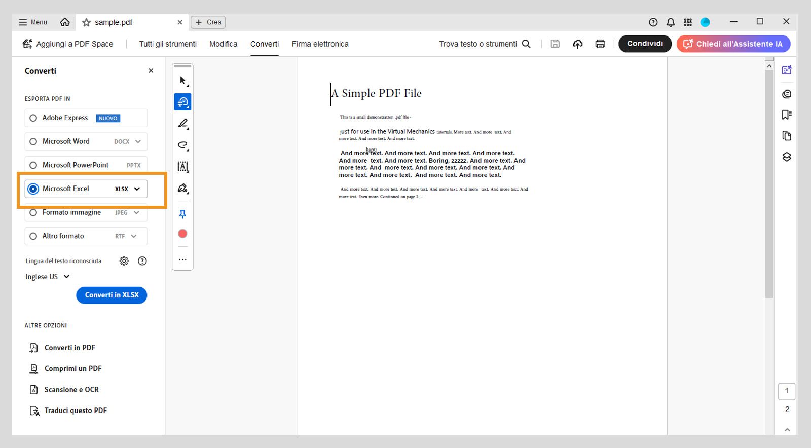 Il pannello di sinistra del menu Converti evidenzia Microsoft Excel XLSX. Altre options includono Adobe Express, Microsoft Word e Microsoft PowerPoint. 