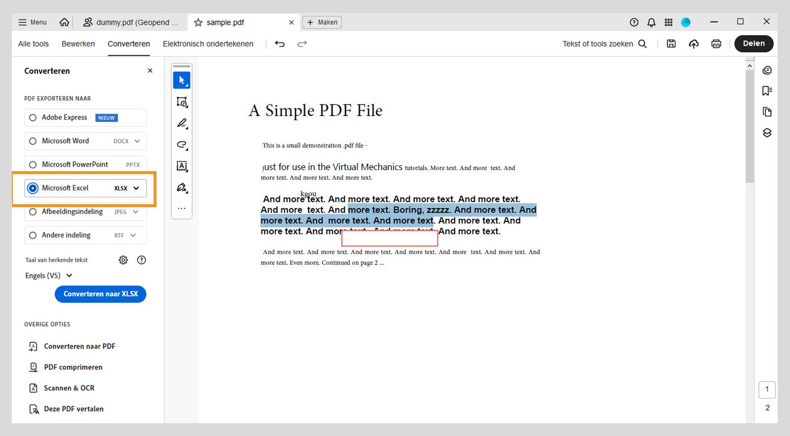 Het linkerdeelvenster van het menu Converteren markeert Microsoft Excel XLSX. Andere opties zijn onder meer Adobe Express, Microsoft Word en Microsoft PowerPoint. 