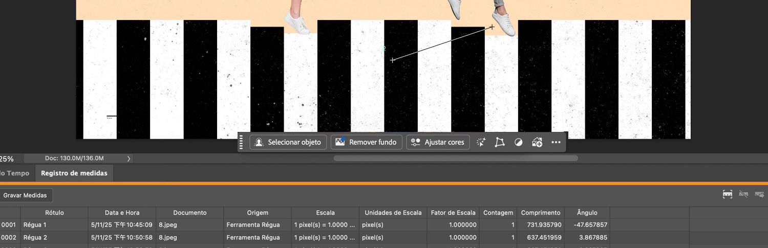 A tabela de registro de medição é destacada na parte inferior da tela do Photoshop.