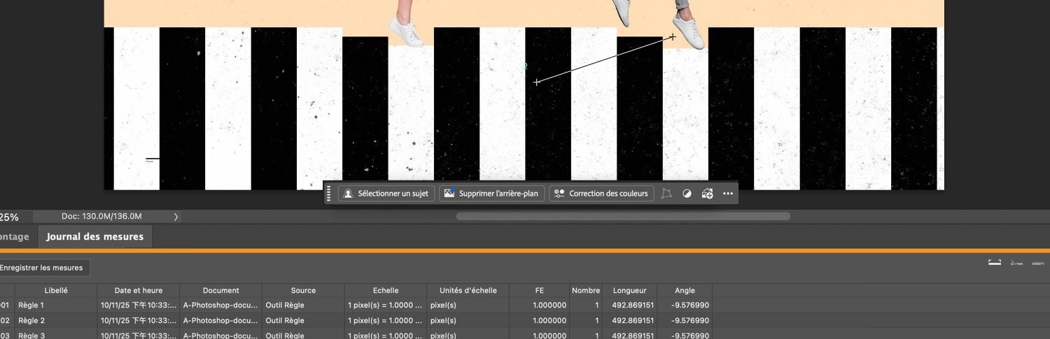 Le tableau du journal des mesures est mis en évidence en bas de la zone de travail Photoshop.