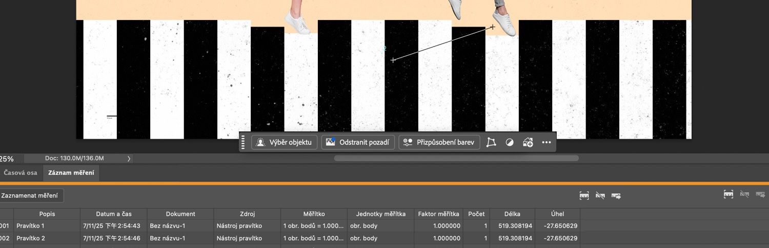 Tabulka protokolu měření je zvýrazněna ve spodní části plátna Photoshopu.